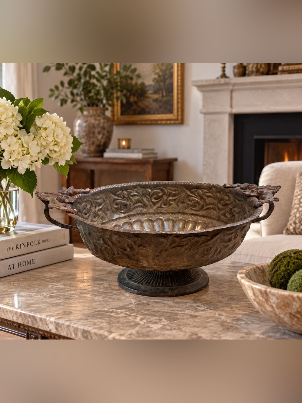 Decorative Antique-Style Brown Metal Centerpiece Bowl with Handles